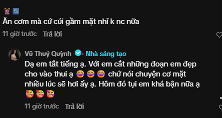   Vũ Thúy Quỳnh lên tiếng giải thích khi netizen liên tục bàn tán việc cả hai không có sự tương tác khi ăn cùng với nhau. Ảnh: Chụp màn hình  