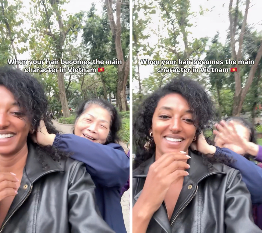 Nữ khách Tây cười hớn hở khi được các bà khen tóc đẹp