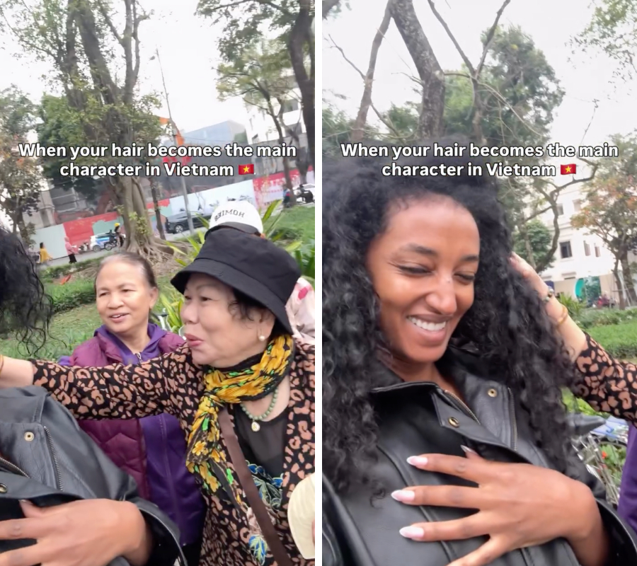 Vị khách Tây hoàn toàn không thấy phiền khi nhiều người chạm vào tóc mình