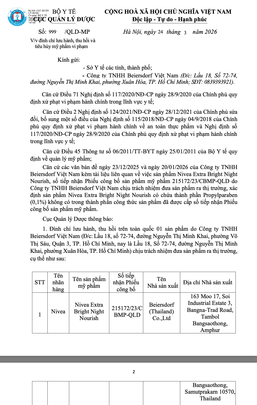Cục Quản lý Dược yêu cầu đình chỉ lưu hành và thu hồi trên toàn quốc sản phẩm NIVEA Extra Bright Night Nourish do có thành phần không có trong công thức đã được cấp phép trước đó (Ảnh: Cục Quản lý dược)