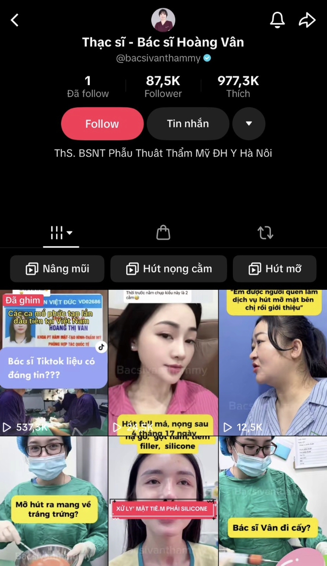 4 video clip phân trần hiện không còn xuất hiện trên TikTok của đơn vị thẩm mỹ,(Ảnh chụp màn hình).