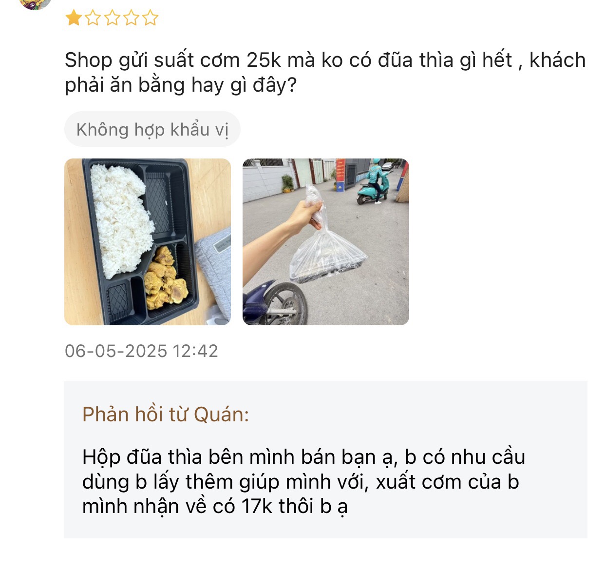 Thực khách phản hồi không có dụng cụ ăn uống