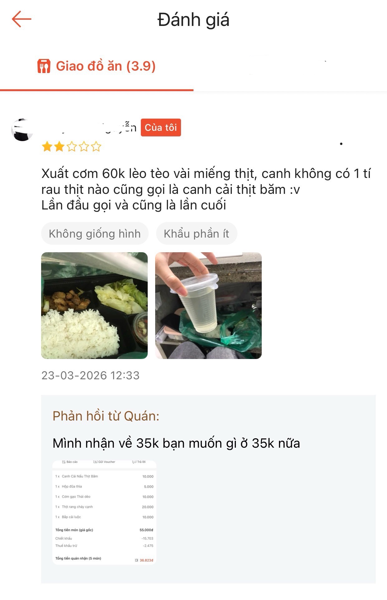 Quán cho biết, suất cơm 60 nghìn chỉ nhận lại 35 nghìn