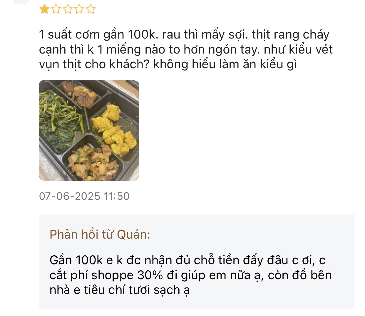 Một quán ăn trên ứng dụng phản hồi lại những đánh giá của thực khách