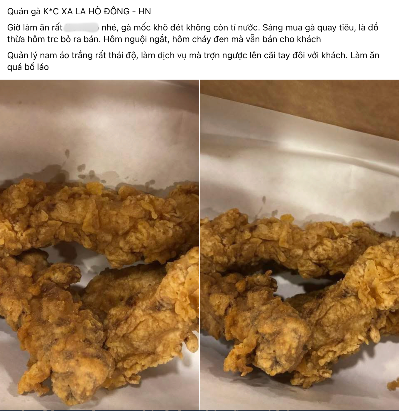 Bài viết phản ánh chất lượng gà rán được chia sẻ lên mạng xã hội gây xôn xao