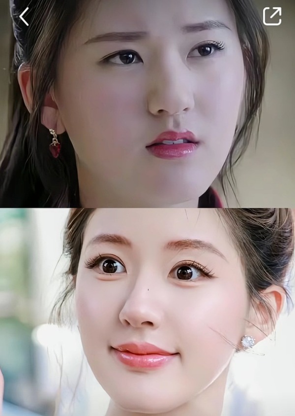 So sánh với hình ảnh trước đây có thể thấy, vùng mũi của Triệu Lộ Tư ở thời điểm hiện tại (ảnh dưới) thon gọn và cao hơn rất nhiều, đôi môi dày căng mộng rõ rệt. Ảnh: Sina.