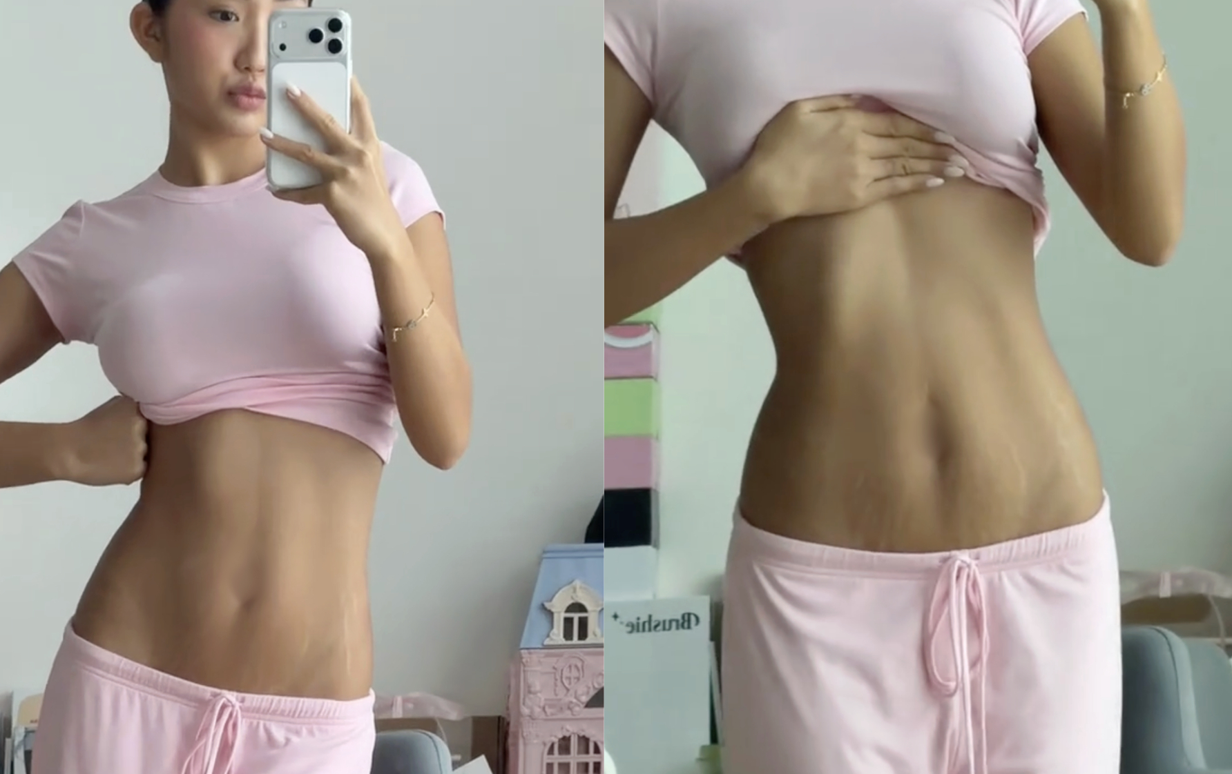 Trên vòng 2 săn chắc của Huyền 2K4 là những vết rạn sau sinh, nhưng điều này không hề làm chính chủ tự ti (Ảnh TikTok).