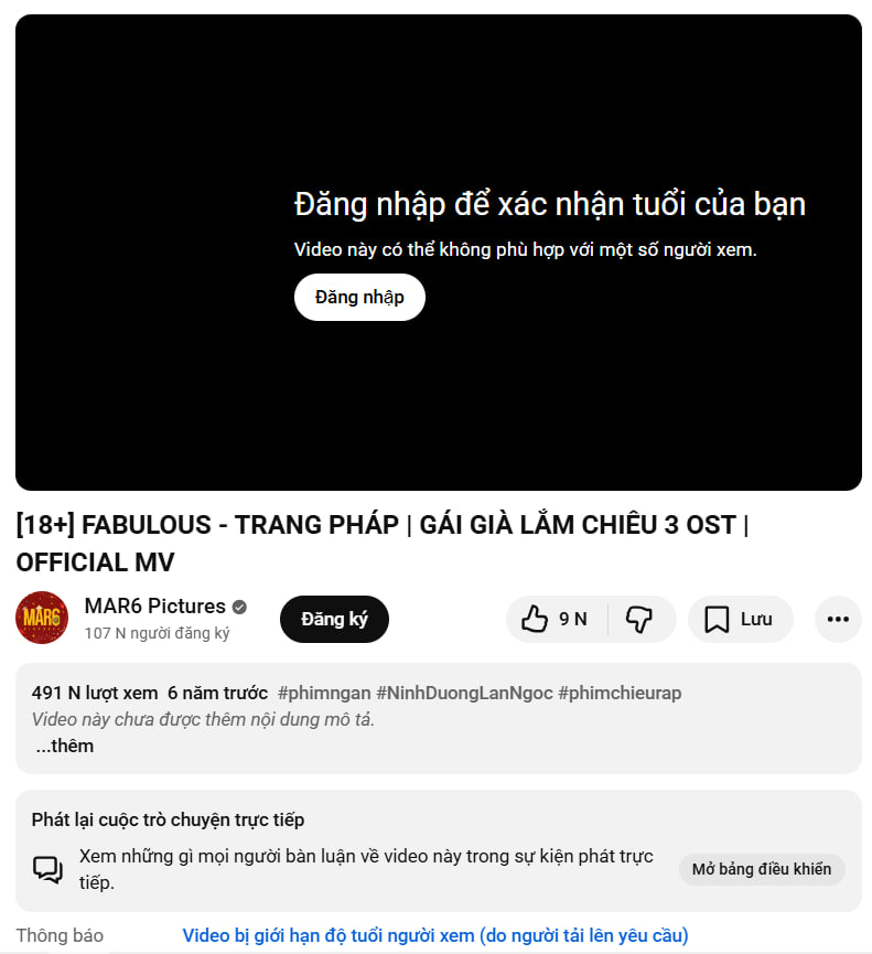 MV của Trang Pháp phải xác nhận độ tuổi mới được xem, do video giới hạn độ tuổi khán giả (Ảnh cap màn hình)
