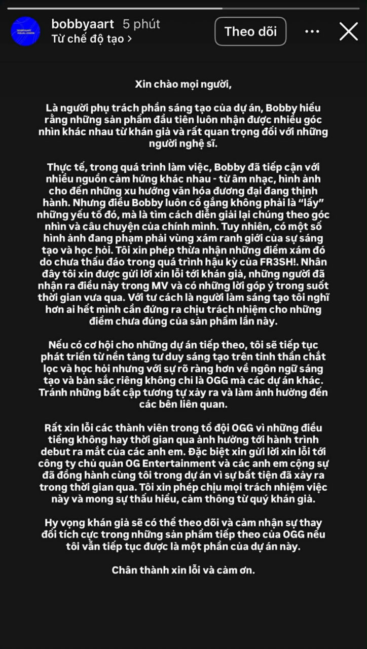 Giám đốc sáng tạo của MV FR3SH! lên tiếng xin lỗi (Ảnh cap màn hình)