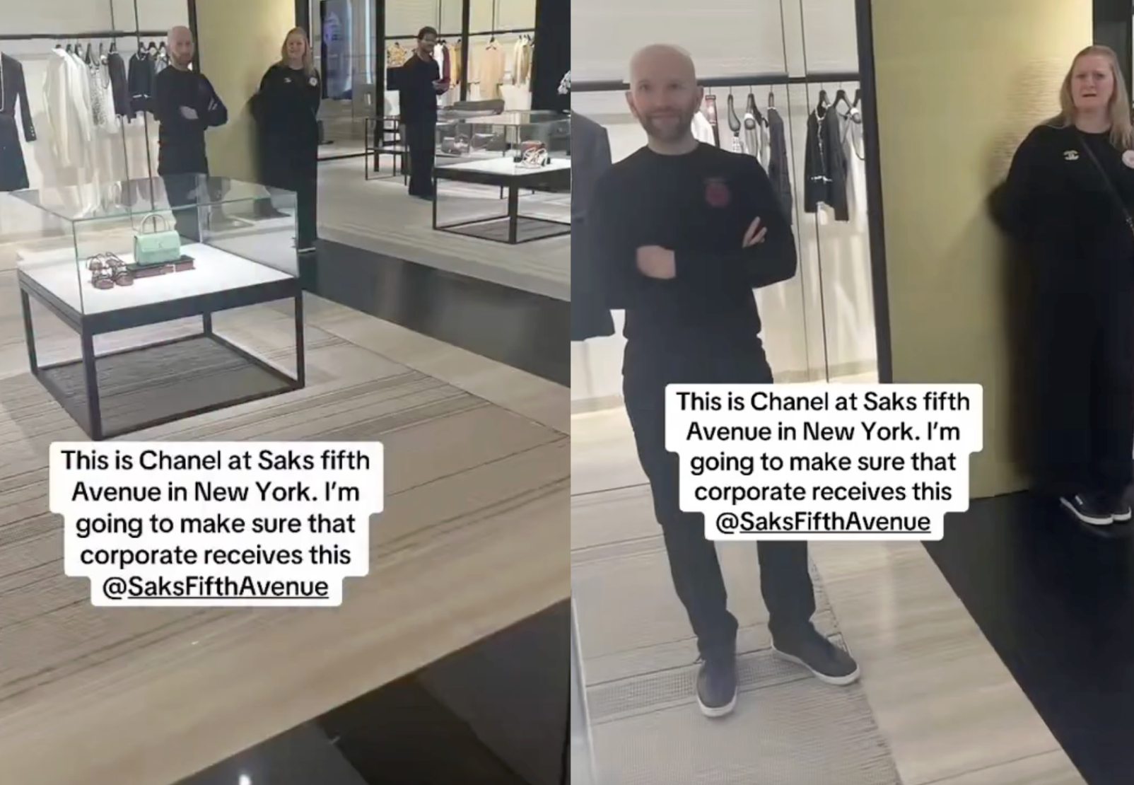 Hai nhân viên cửa hàng này vẫn có thái độ khá dửng dưng khi vị khách hàng da màu quay clip và doạ tung lên mạng (Ảnh chụp màn hình).