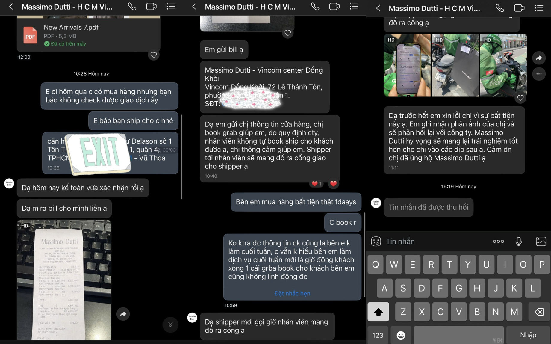 Tin nhắn làm việc của chị Thoa Vũ và đại diện cửa hàng Massimo Dutti Vincom Đồng Khởi  (Ảnh: NVCC)  