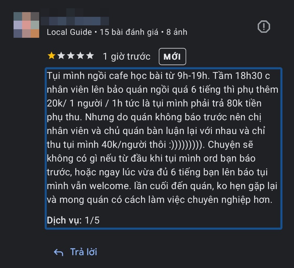 Nhóm khách đánh giá 1 sao vì bị phụ thu thêm tiền quá 6 tiếng mà không được thông báo trước