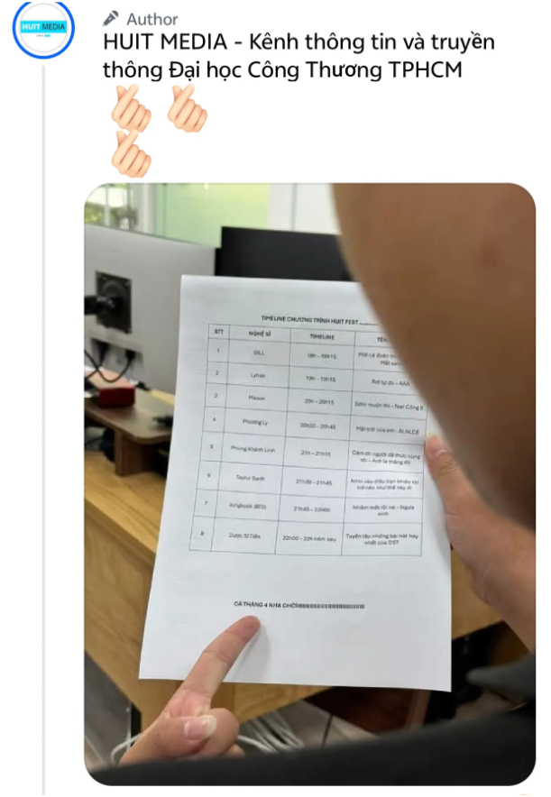 Bài đăng của HUIT MEDIA. Hiện tại đã bị gỡ bỏ. Ảnh chụp màn hình.