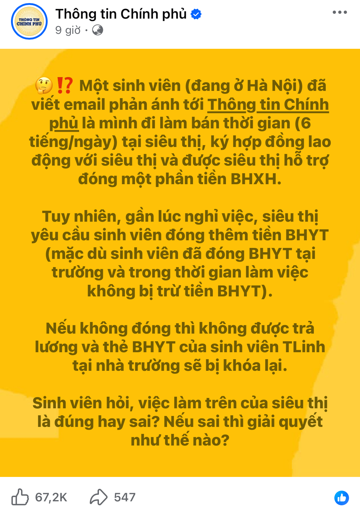 Bài đăng giữa đêm trên fanpage Thông tin Chính phủ đang thu hút lượng tương tác cao. Ảnh chụp màn hình.