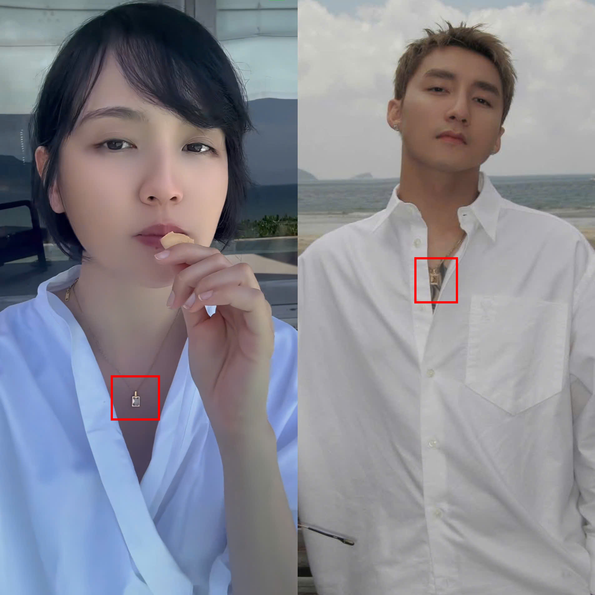 Không những vậy, netizen còn soi được dây chuyền có kiểu dáng y hết nhau của Sơn Tùng và Hải Tú