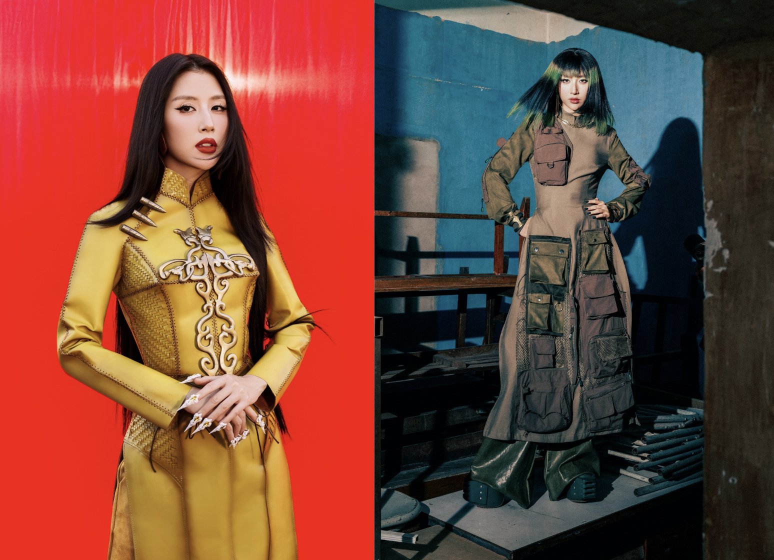 Áo dài custom design của Slew hay một look khác với tinh thần cyperpunk được cô phối cùng đôi Rick Owens Grilled Platforms.