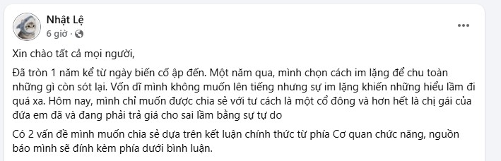 Bài đăng trên Facebook của Nhật Lệ. Ảnh chụp màn hình.