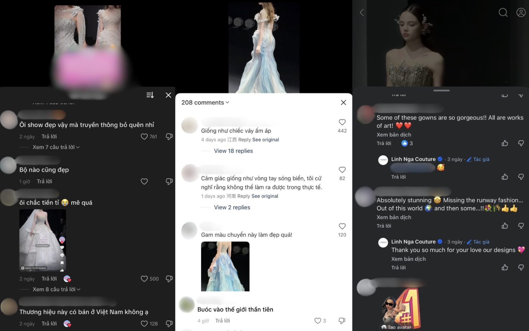 Các bình luận từ netizen Việt, Trung và quốc tế cảm thán về sự bay bổng trong các tác phẩm của Linh Nga Couture.