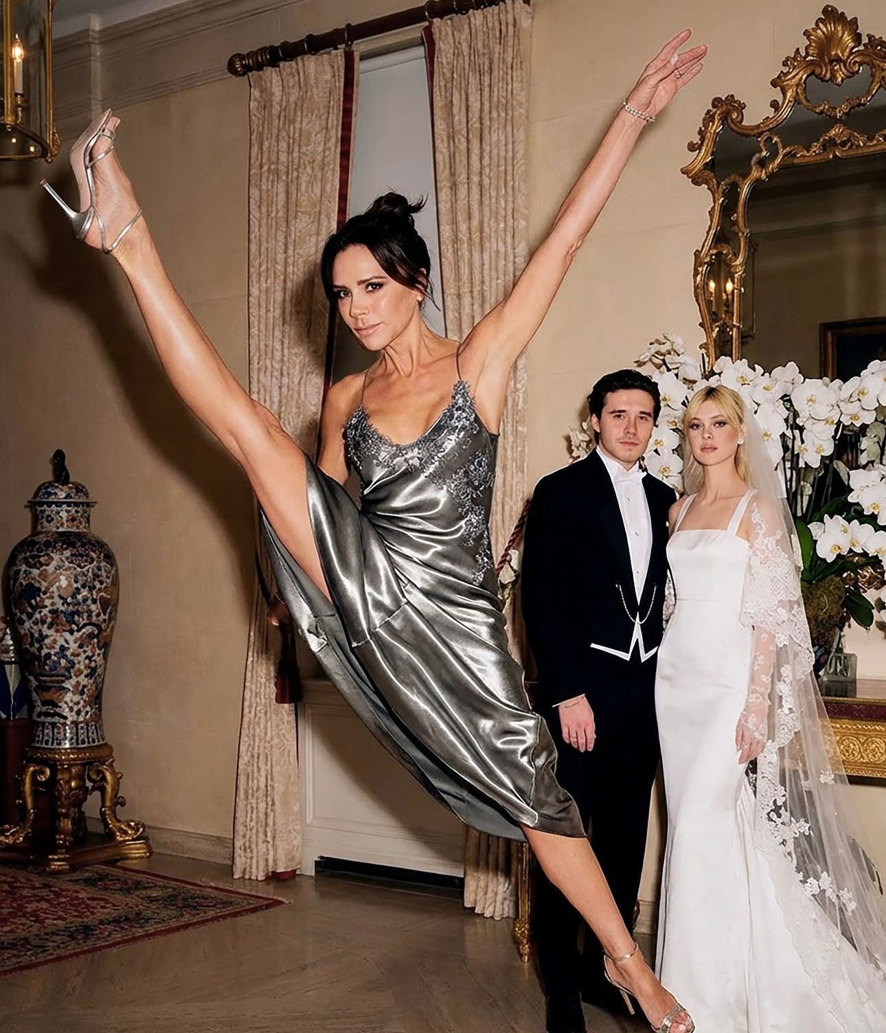 Thời điểm drama bùng nổ, dân mạng còn tặng Vic bức ảnh chế xoạc chân trong đám cưới con trai (Ảnh Instagram).