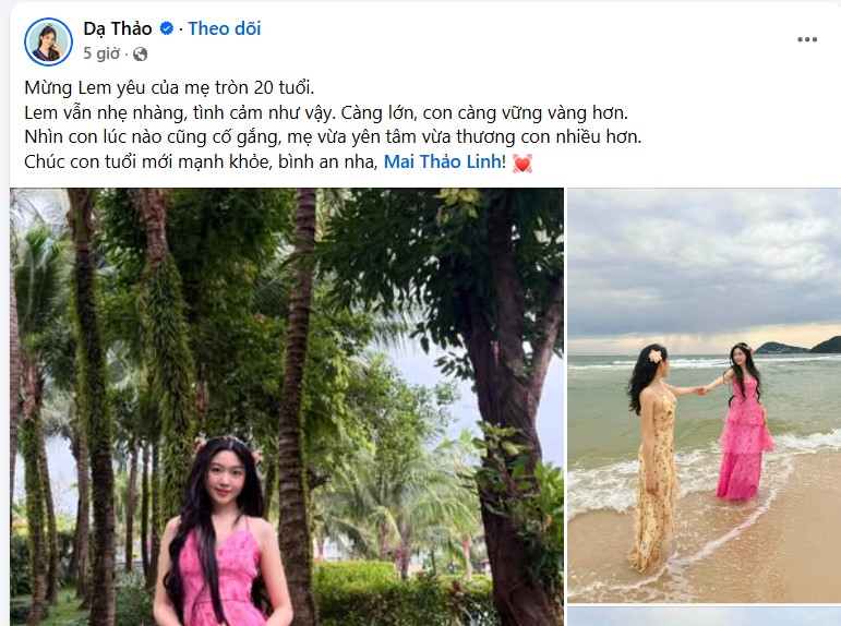 Mẹ Lọ Lem - Dạ Thảo đăng tải ảnh hai mẹ con đi biển, kèm lời chúc con gái vững vàng hơn.