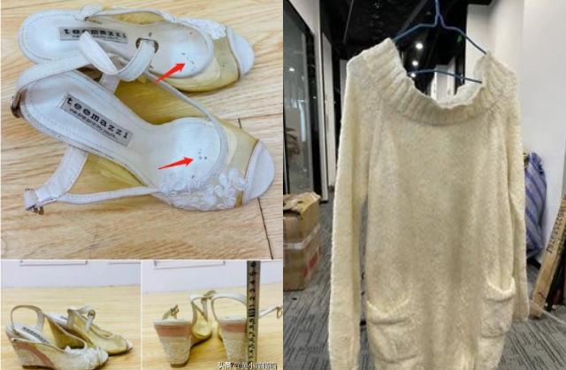 Đôi giày trắng trông rất cũ, thậm chí còn dính đất bên trên nhưng Y Năng Tịnh vẫn bán với giá 230 NDT/đôi (880.000 đồng). Còn chiếc áo len đã xù lông, ngả vàng và phần cổ đã bị giãn hết cỡ được người đẹp này rao báo với giá 129 NDT (493.000 đồng). Ảnh: Sina.