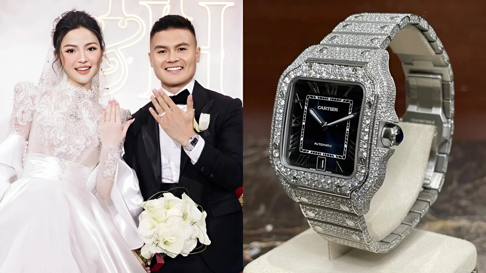 Ở bữa tiếc chính, nam cầu thủ thể hiện gu thời trang qua chiếc Cartier Santos de Cartier phiên bản nạm full kim cương.