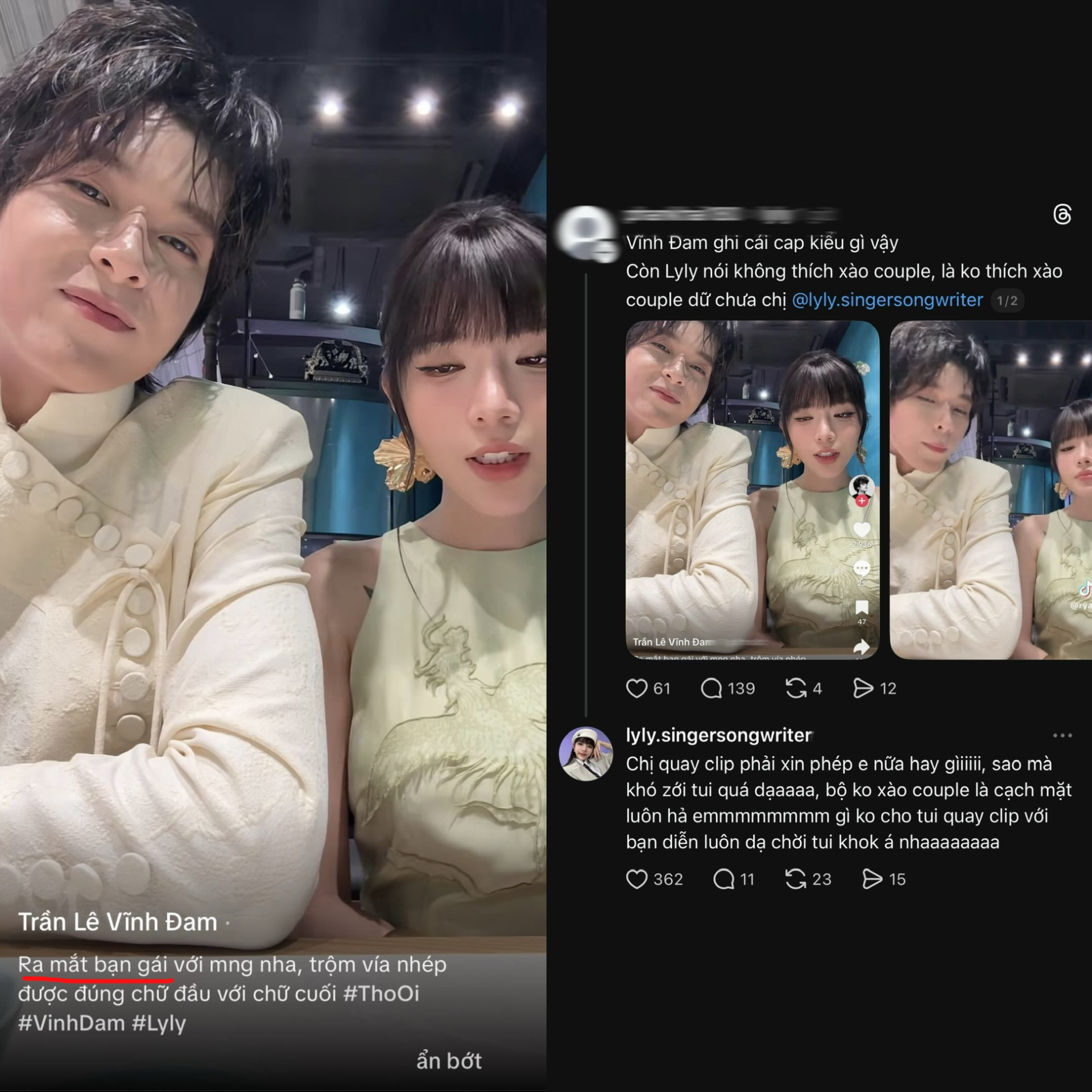   LyLy từng lên tiếng đáp trả netizen khi xuất hiện trong clip quay đu trend với Vĩnh Đam. Ảnh: Tổng hợp  