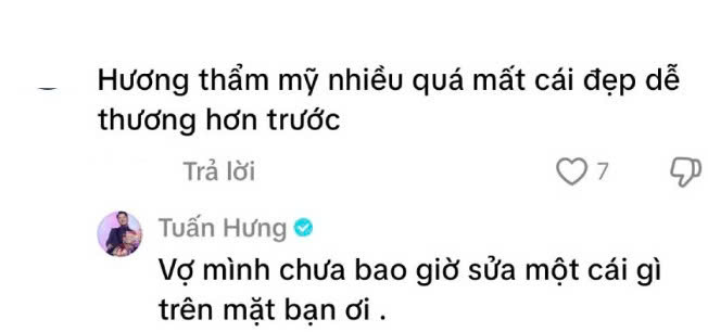   Ca sĩ Tuấn Hưng lên tiếng bênh vực khi bà xã bị đánh giá lạm dụng thẩm mỹ. Ảnh: Chụp màn hình  