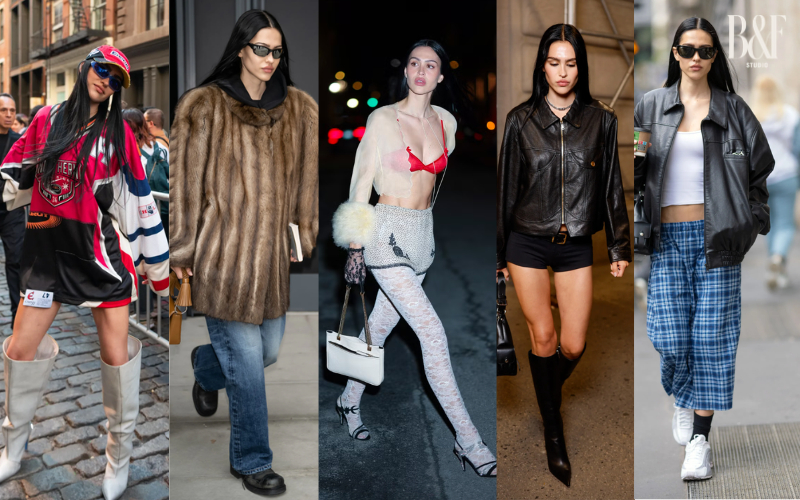 Cô thường xuất hiện với áo khoác da, quần suông cạp thấp, kính râm bản lớn – những món đồ tưởng chừng quen thuộc nhưng được phối theo cách rất