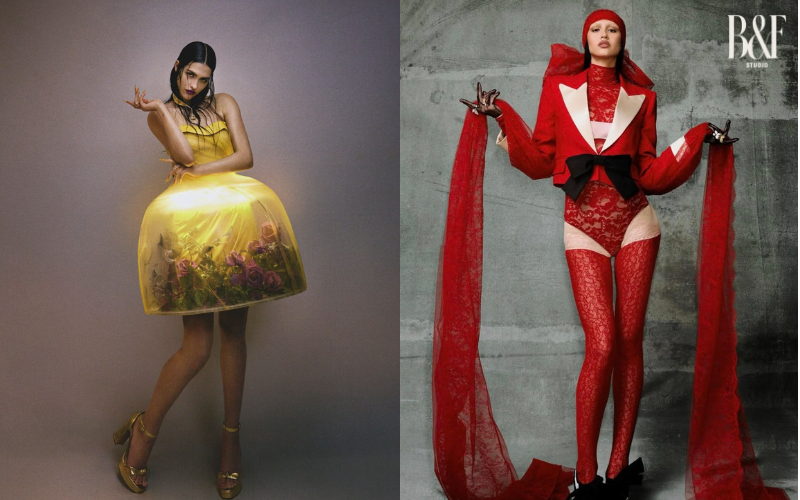 Hai bộ trang phục mà Amelia Gray diện tại Met Gala 2024 (trái) và Met Gala 2025 (phải) đều gây ấn tượng với giới mộ điệu vì tính thể nghiệm cao. Ảnh: Vogue.