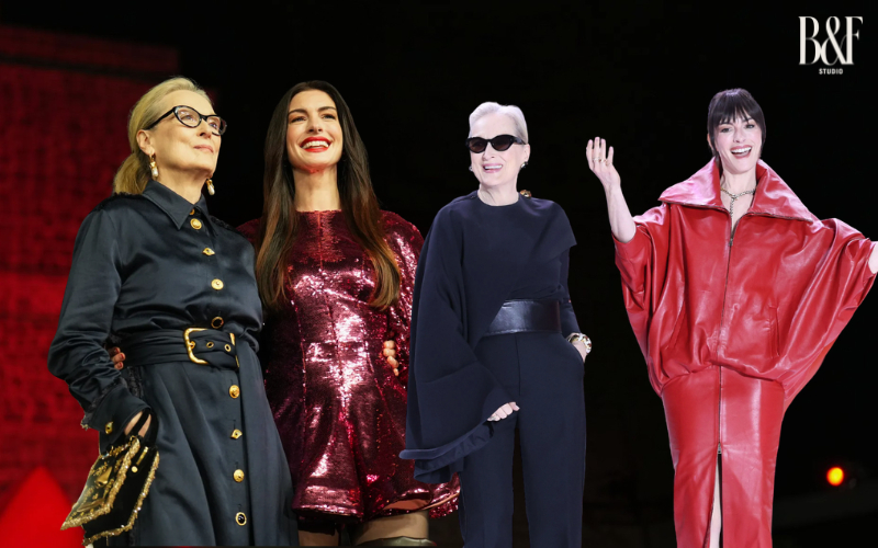 Đen và đỏ là hai tone màu chủ đạo mà hai nữ chính thường xuyên diện trong chuyến press tour. Ảnh: Vogue