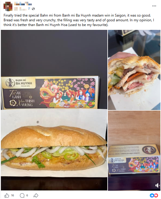 Du khách Didier Yue đăng trên nhóm trải nghiệm bánh mì bà Huynh nổi tiếng ở Sài Gòn, nhận xét là ngon tuyệt vời. 