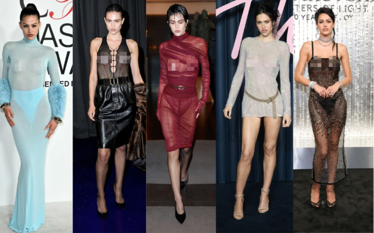 Những outfit thảm đỏ mà nữ model Gen Z yêu thích thường có chất liệu ren, hoặc lưới xuyên thấu. Ảnh: X