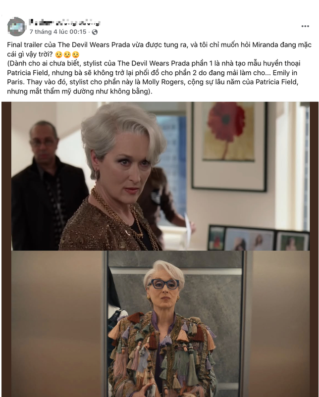 Một trong nhiều ý kiến của khán giả cho rằng outfit, tạo hình của nhân vật bà trùm thời trang Miranda Priestly đang quá kì cục.