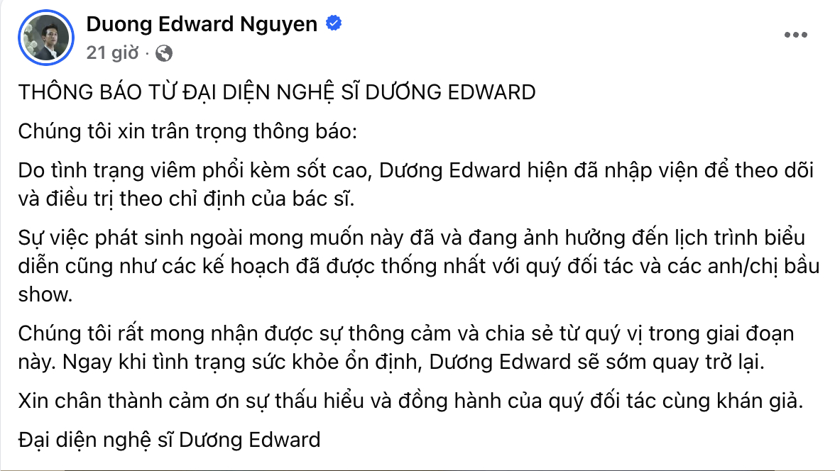 Đại diện ekip Dương Edward thông báo về sức khỏe của nam ca sĩ 