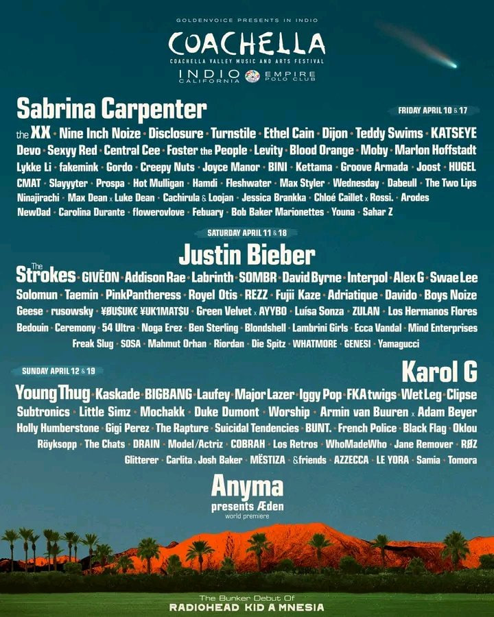 Headliner của Coachella 2026 là những siêu sao toàn cầu như Justin Bieber, Sabrina Carpenter, Karol G (Ảnh:Coachella)