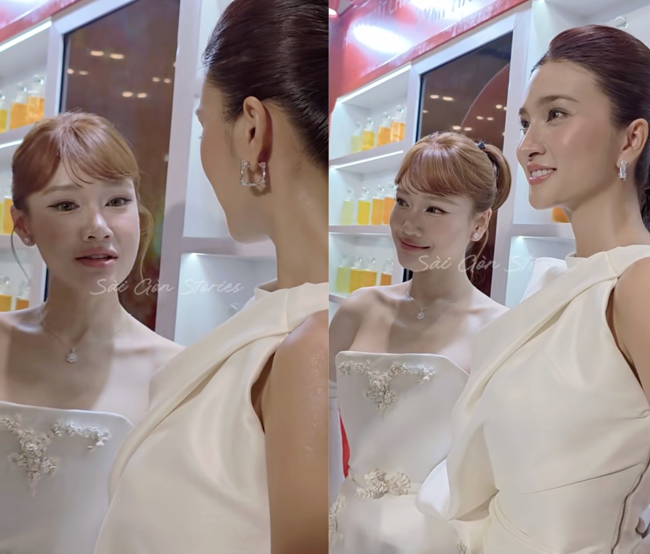 Cam thường bắt cận visual của 2 người đẹp U40. Nhã Phương lộ khuyết điểm ở bọng mắt (Ảnh TikTok). 