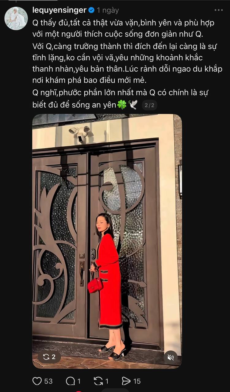   Lệ Quyên viết dòng trạng thái chiêm nghiệm trên Threads, thừa nhận hiện thích sống đơn giản và an yên. Ảnh: Chụp màn hình   