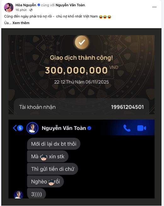 Hoà Minzy mỗi lần trả nợ cho Văn Toàn sẽ có bài đăng trên trang cá nhân để thông báo