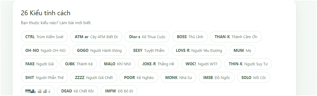 Có 26 kiểu tính cách khác nhau, có những tính cách như đang chửi.