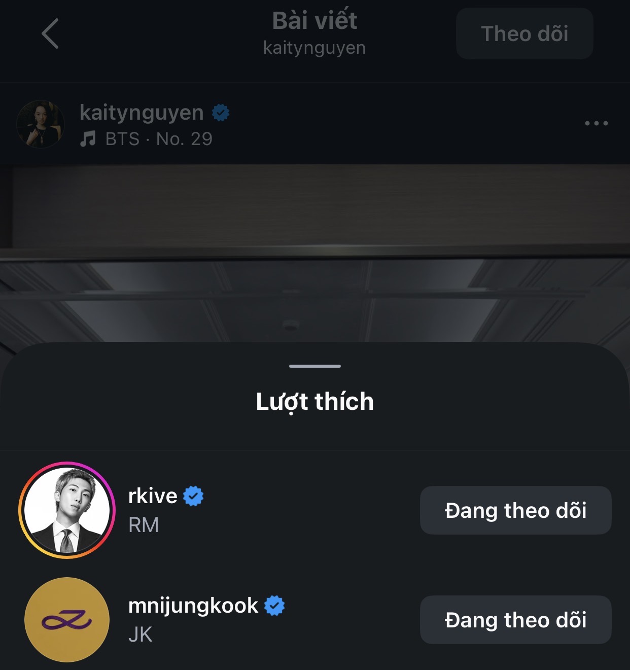 Cả Jung Kook và RM đều nhấn thích bài đăng của Kaity Nguyễn