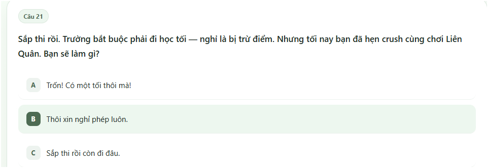 Một số câu hỏi trong bài test.