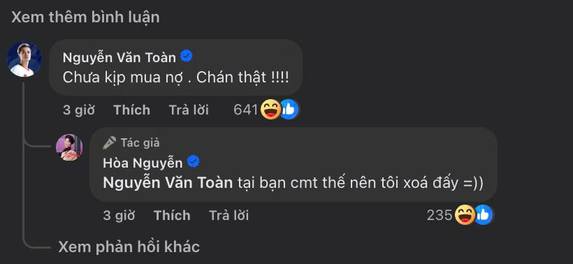   Bạn thân Văn Toàn nhanh chóng để lại bình luận trêu đùa với nữ ca sĩ 9x. Ảnh: Chụp màn hình  