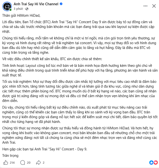 Thông báo chính thức từ ban tổ chức concert Anh Trai Say Hi (Ảnh cap màn hình)