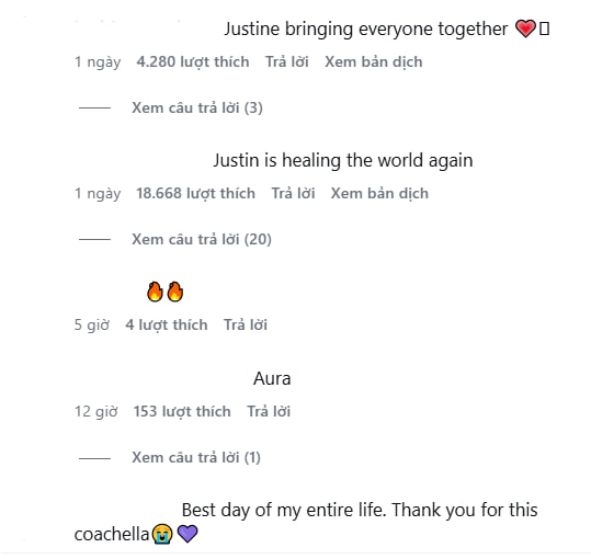 Hàng loạt bình luận thể hiện sự phấn khích, gọi đây là một khoảnh khắc hoài niệm là minh chứng rõ nét cho sự ủng hộ bền bỉ mà công chúng dành cho Justin Bieber (Ảnh cap màn hình)