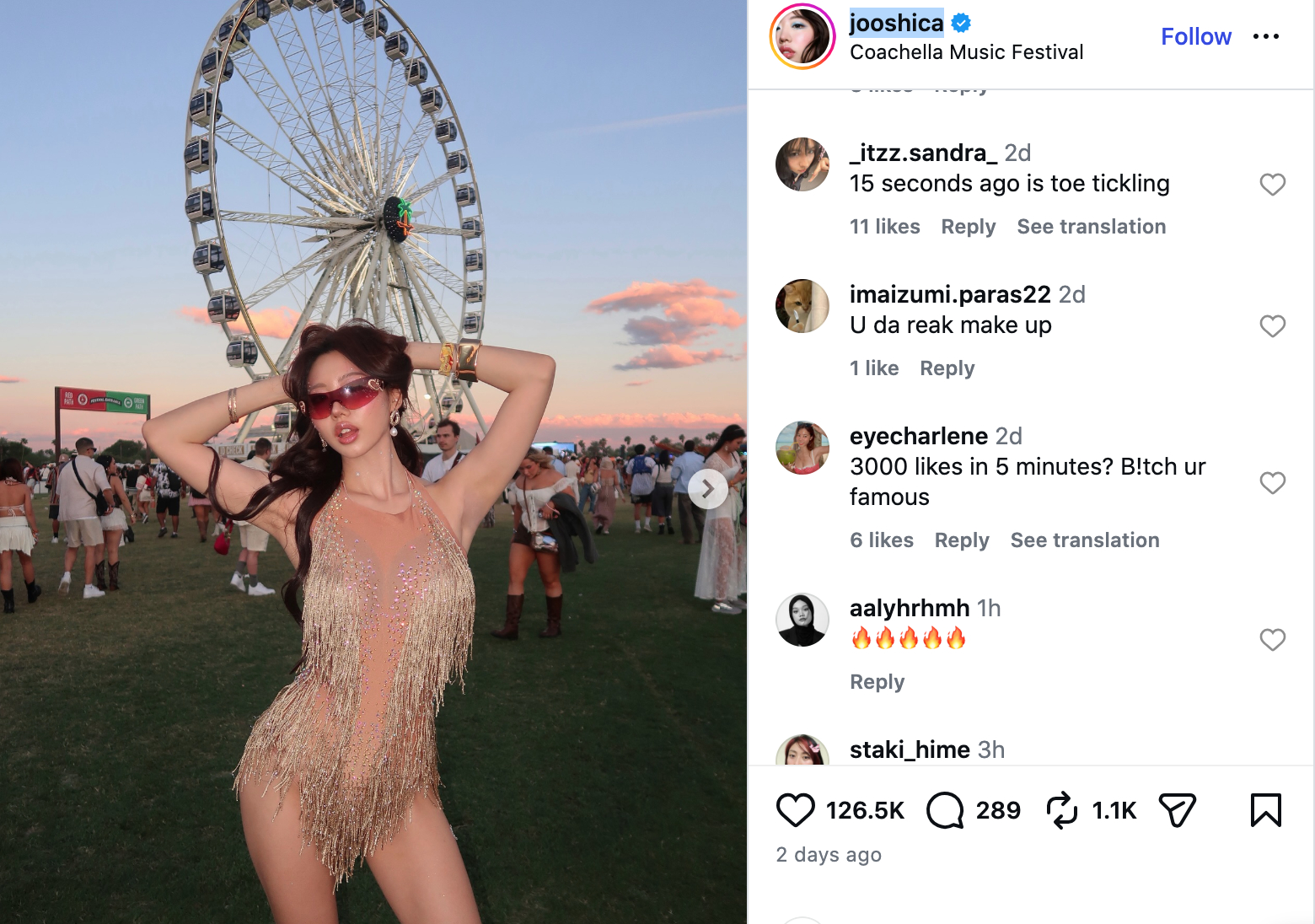Bức ảnh của Jooshica tại Coachella đã đốn tim hơn 126 nghìn người. (Ảnh: Instagram)