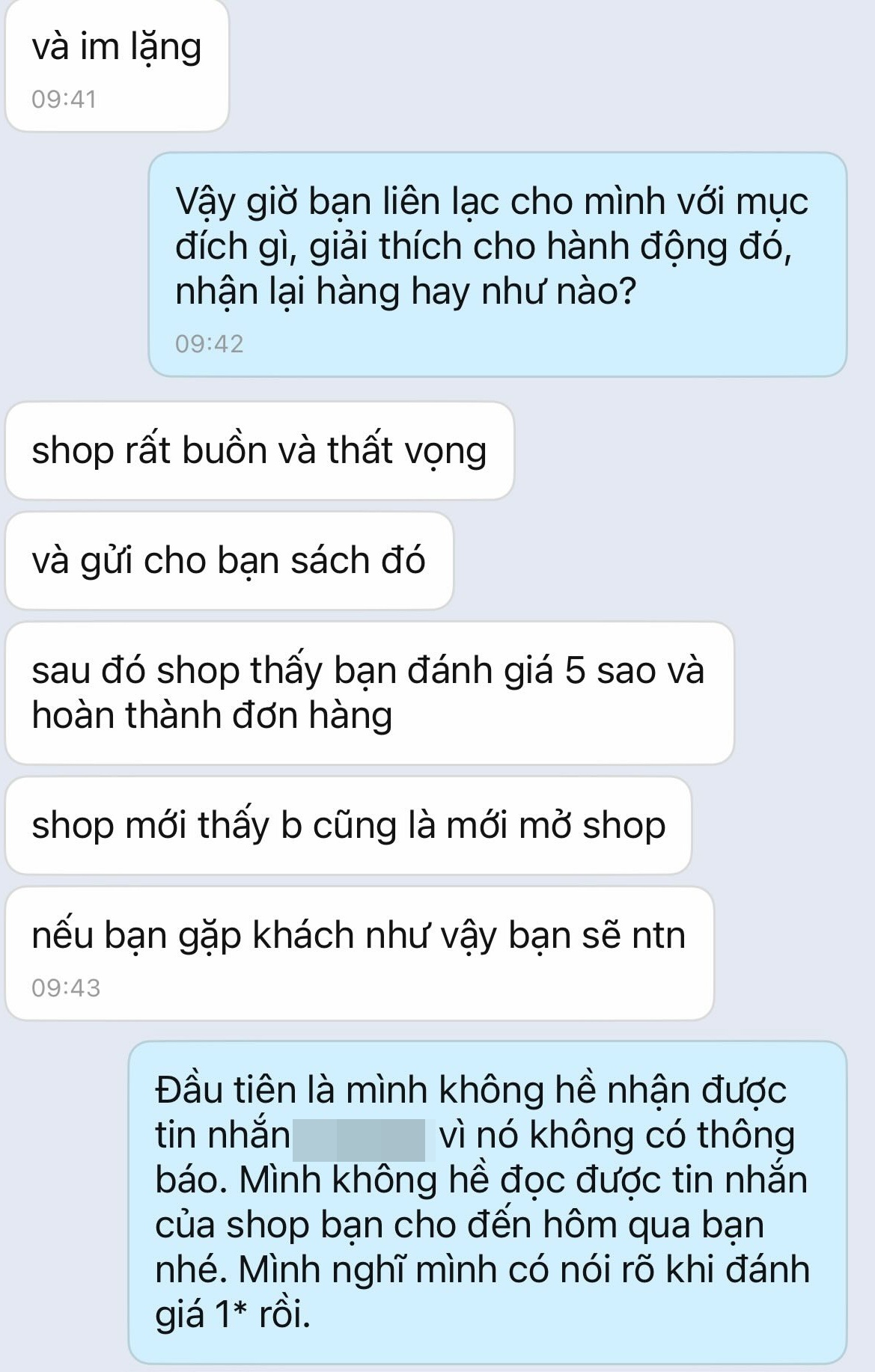 Phía shop giải thích về việc nhắn tin nhưng không được phản hồi