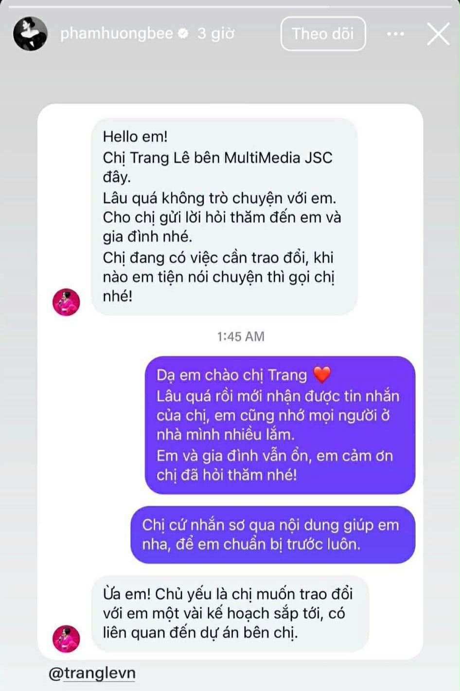 Hoa hậu Phạm Hương chia sẻ đoạn tin nhắn với bà Trang Lê - - Chủ quản đơn vị sở hữu chương trình The Face. Ảnh: Chụp màn hình 