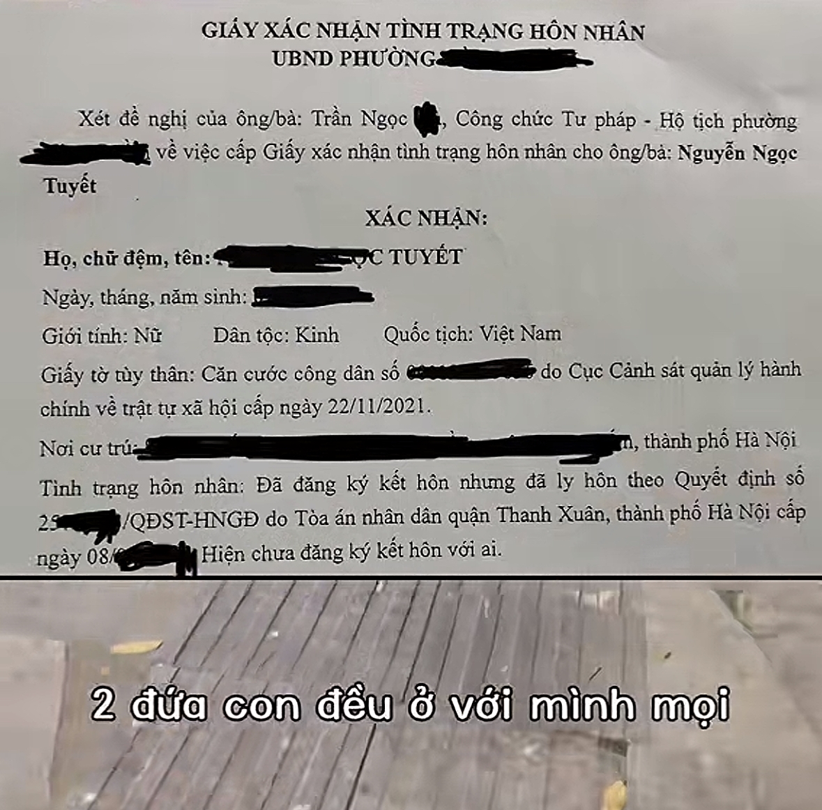 Cô đăng hình ảnh Giấy xác nhận tình trạng hôn nhân.  