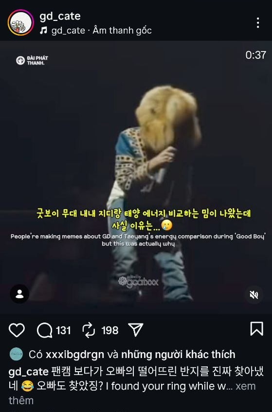 G-DRAGON nhấn like bài đăng bóc trần khoảnh khắc dáo dác này (Ảnh cap màn hình)